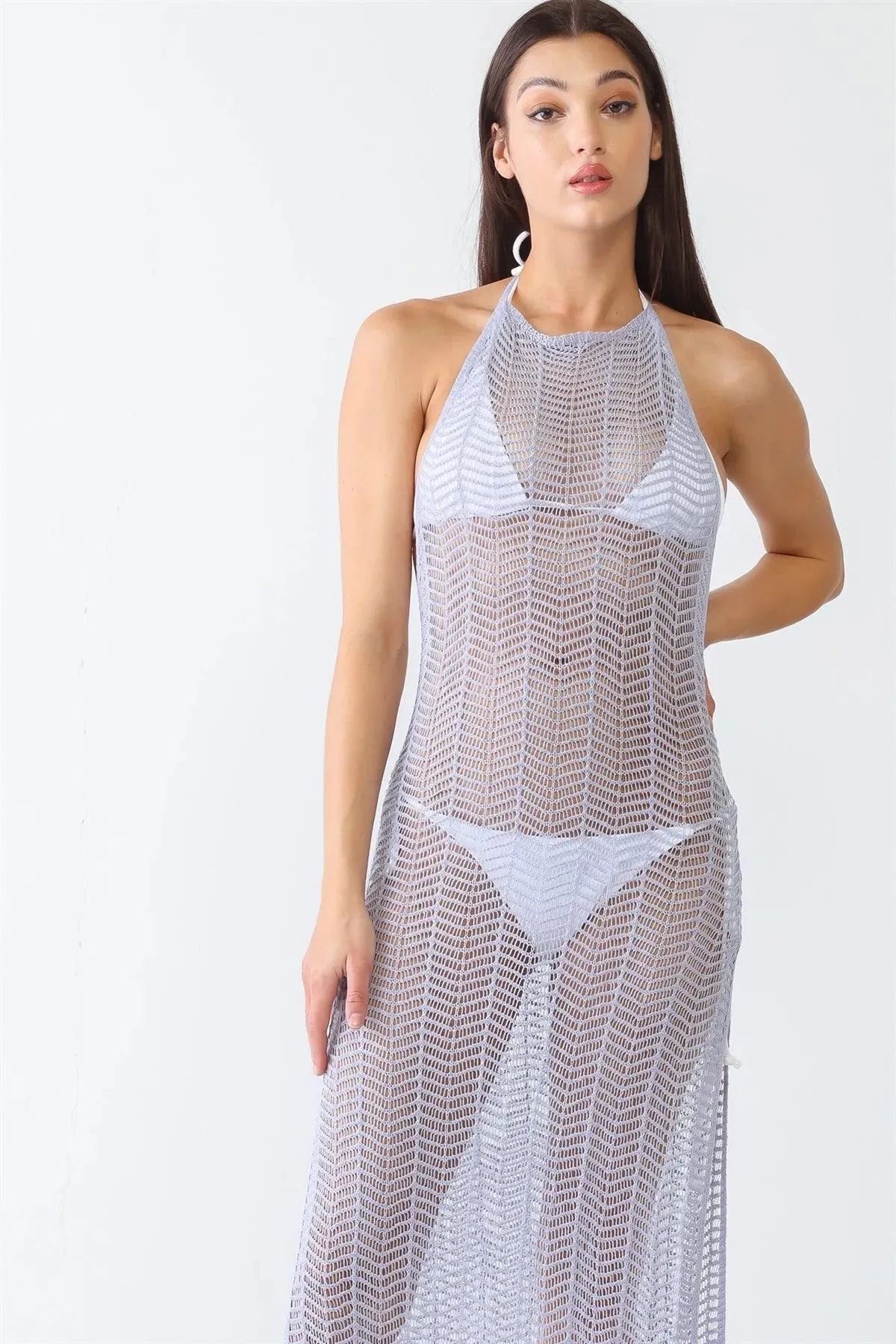 Lavender Knit Crochet Lace Sheer Sleeveless Halter Neck Open Back Maxi Dress /4-2-1