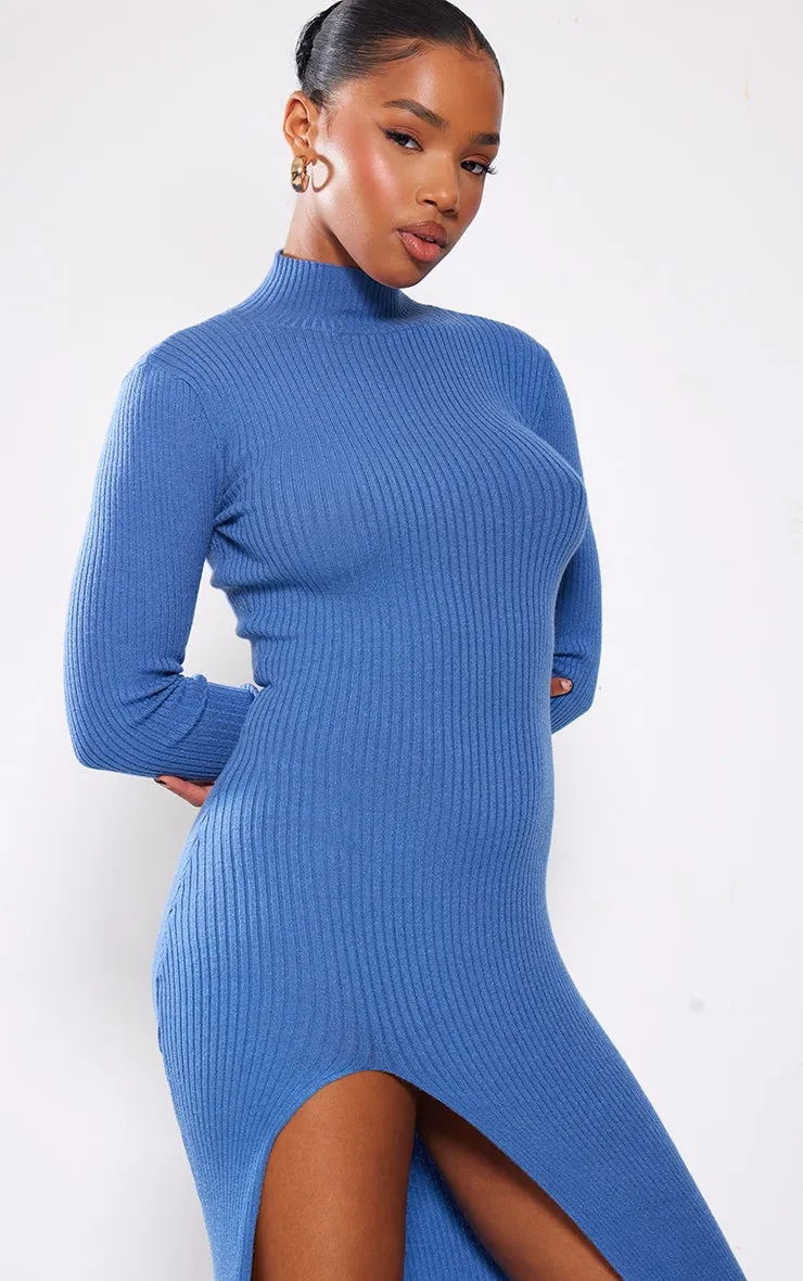 LLstyle Blue Knitted Ribbed Side Split Maxi Dress