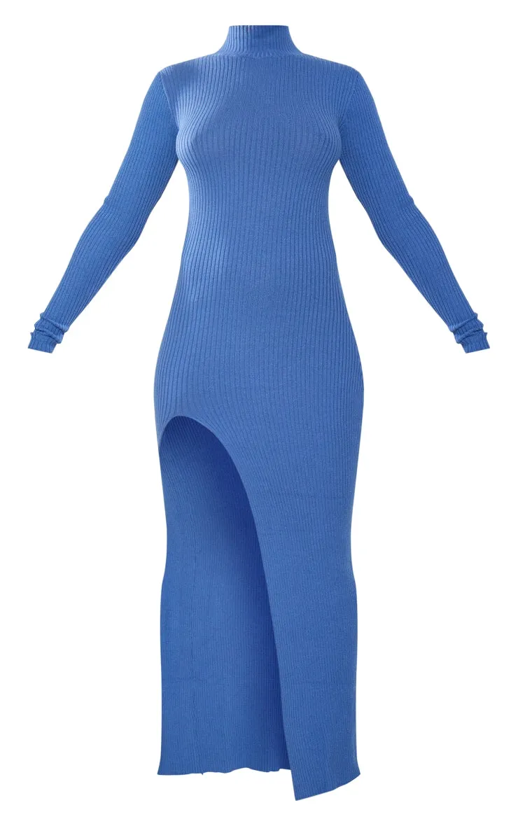 LLstyle Blue Knitted Ribbed Side Split Maxi Dress