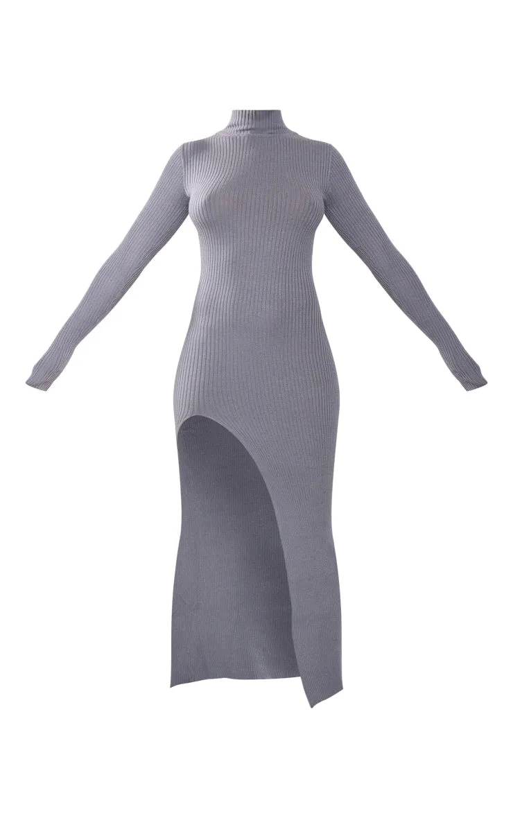LLstyle Blue Knitted Ribbed Side Split Maxi Dress