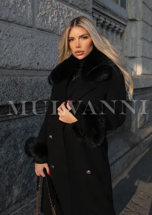 LONDON Black Cashmere Coat with Fox Fur