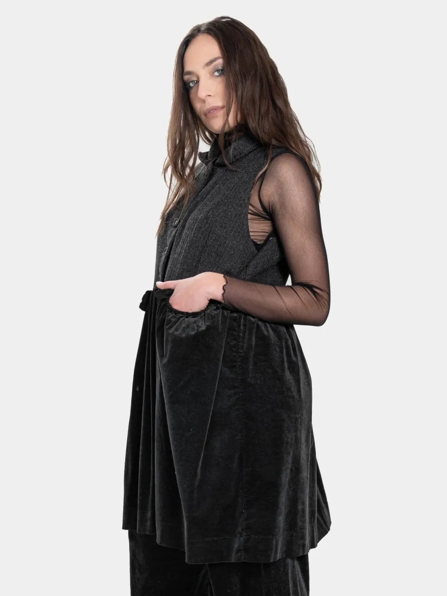 Long Herringbone and Velvet Vest