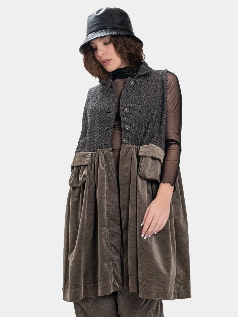 Long Herringbone and Velvet Vest
