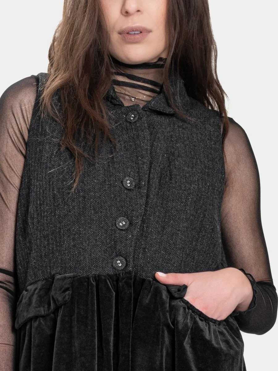 Long Herringbone and Velvet Vest