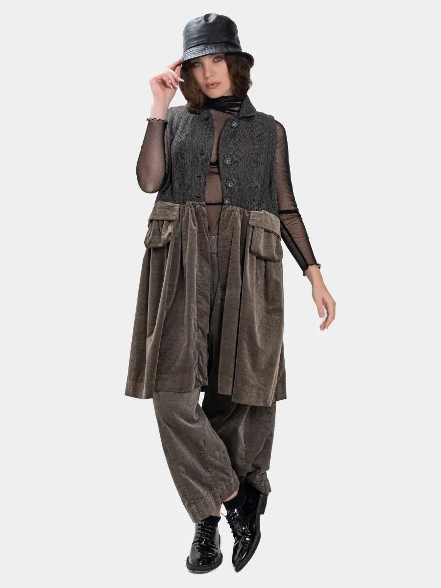 Long Herringbone and Velvet Vest