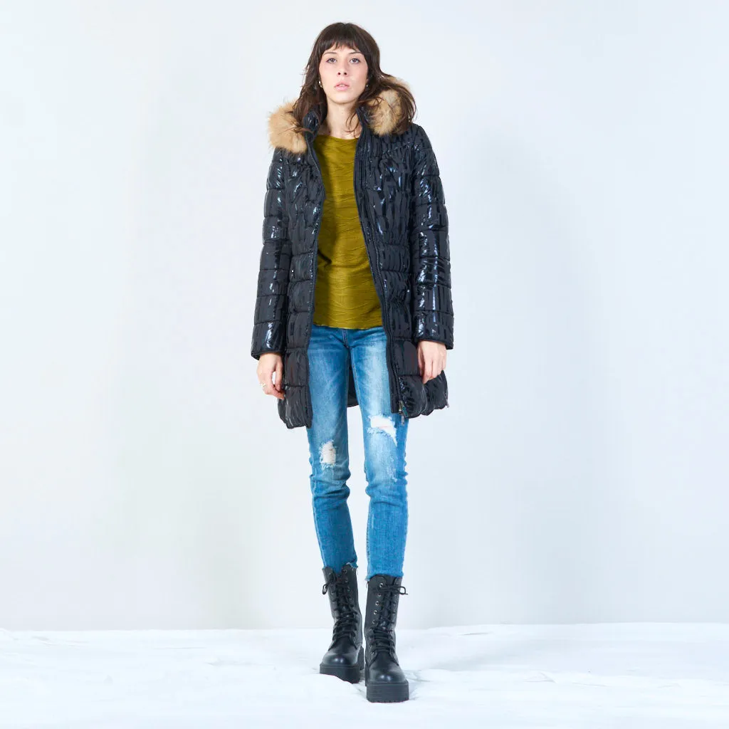 Long quilted puffer with faux fur hood wholesale