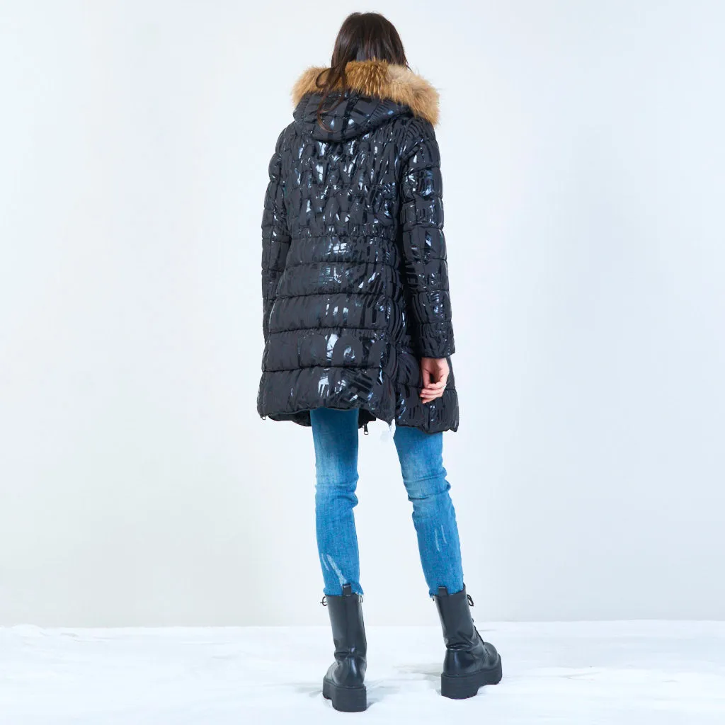 Long quilted puffer with faux fur hood wholesale