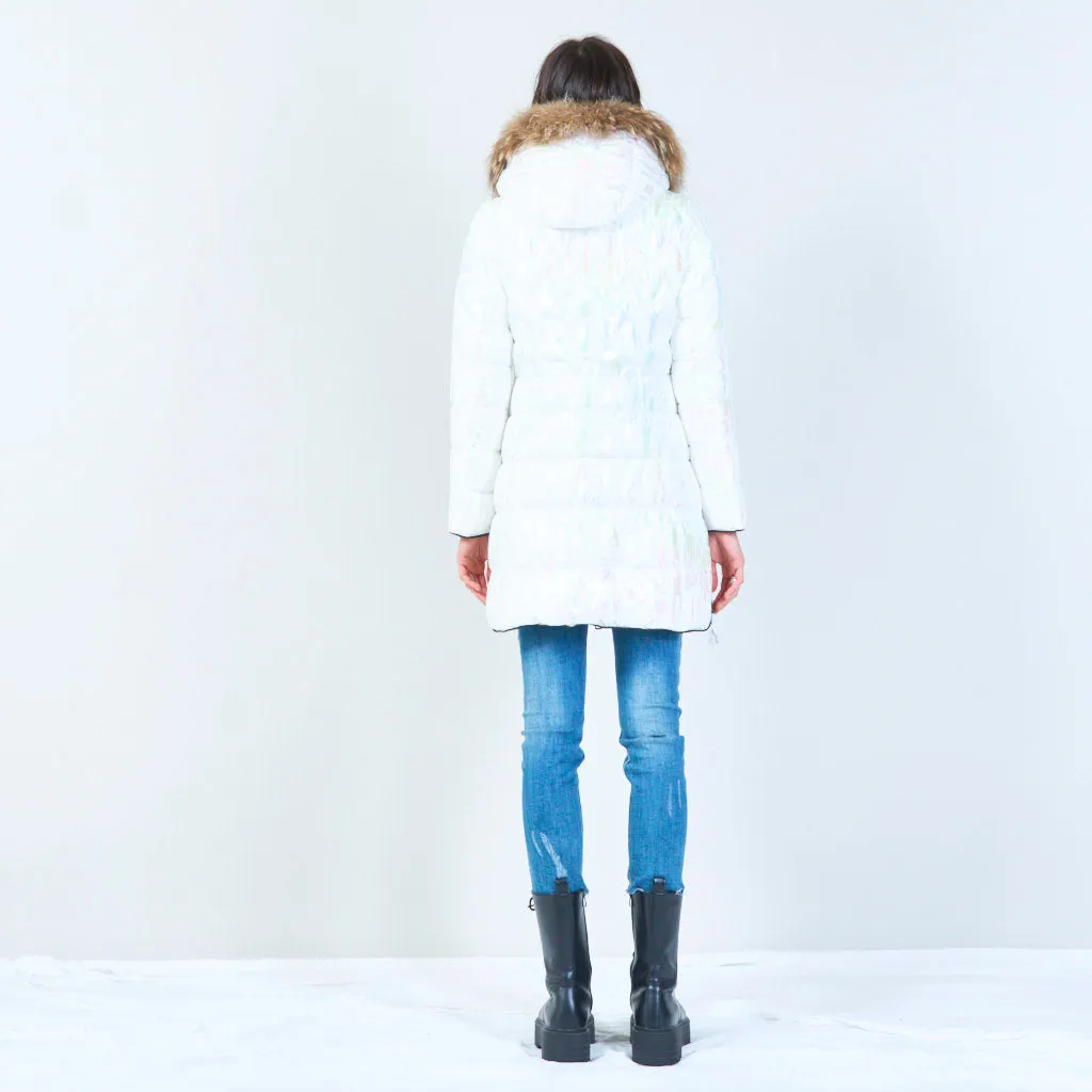 Long quilted puffer with faux fur hood wholesale
