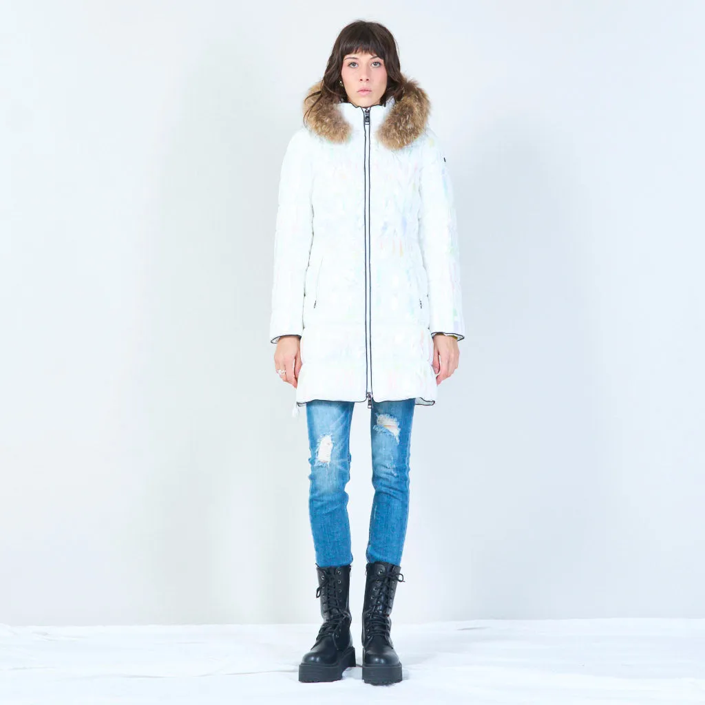 Long quilted puffer with faux fur hood wholesale