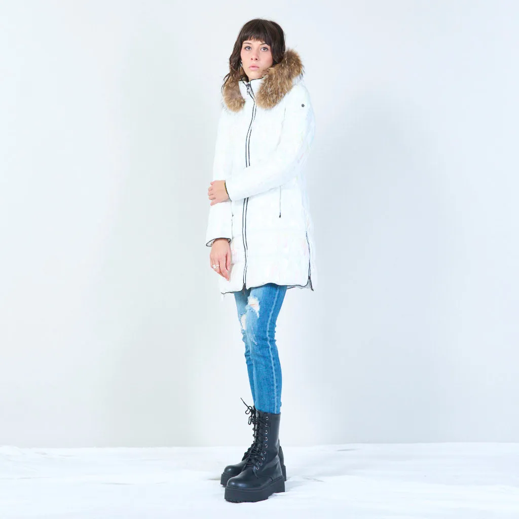 Long quilted puffer with faux fur hood wholesale