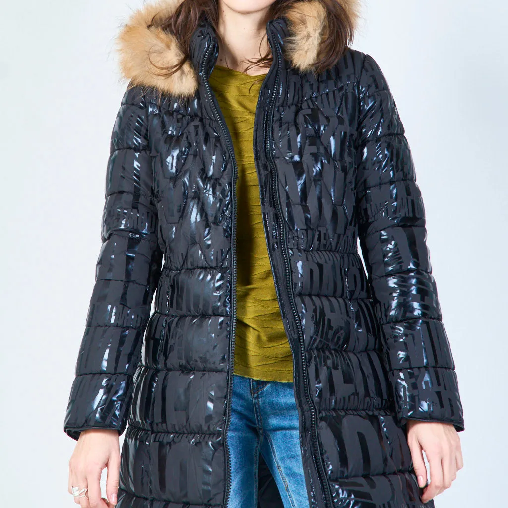 Long quilted puffer with faux fur hood wholesale