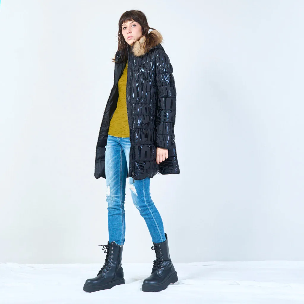 Long quilted puffer with faux fur hood wholesale