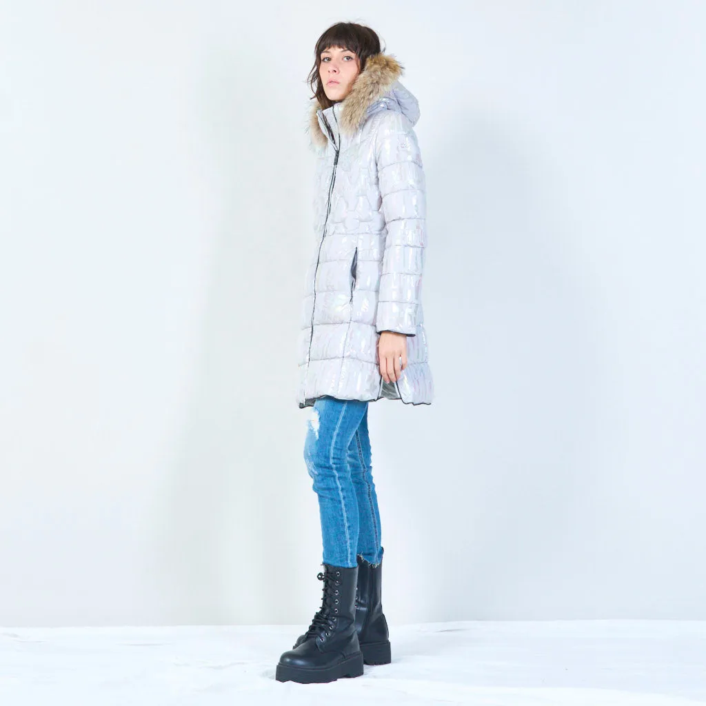 Long quilted puffer with faux fur hood wholesale