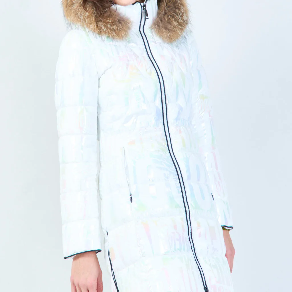 Long quilted puffer with faux fur hood wholesale