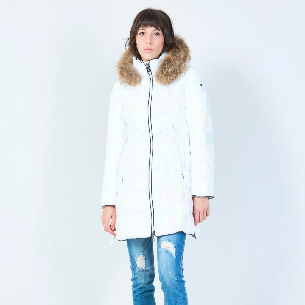 Long quilted puffer with faux fur hood wholesale