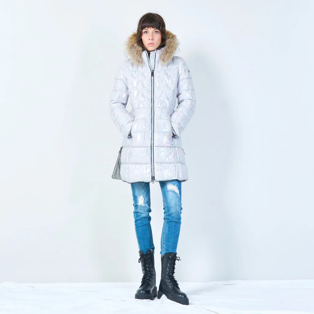 Long quilted puffer with faux fur hood wholesale
