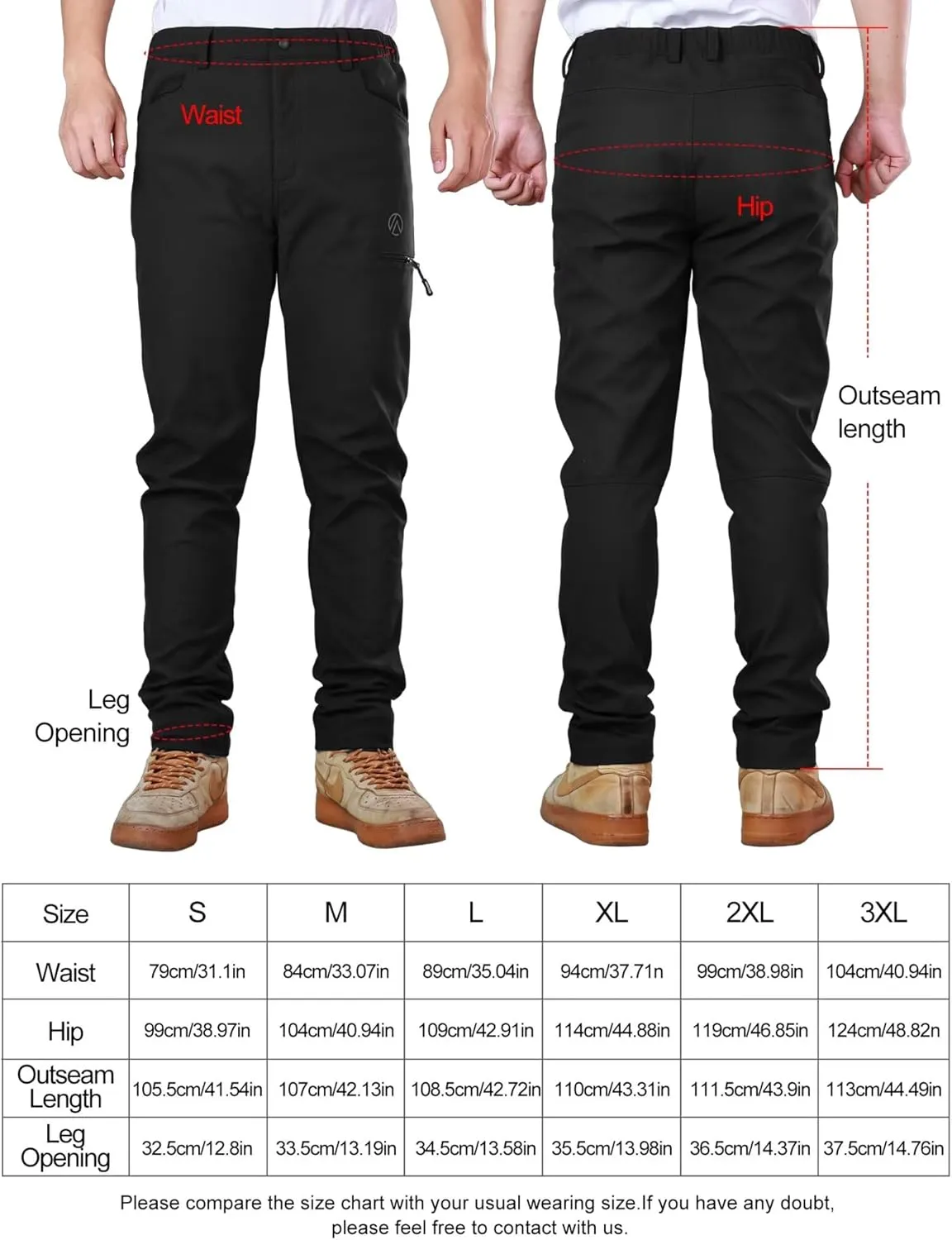 Men's Hiking Pants, Thermal Water Resistant Windproof Outdoor Cargo Pants, Lightweight Stretch Joggers with 4 Pockets