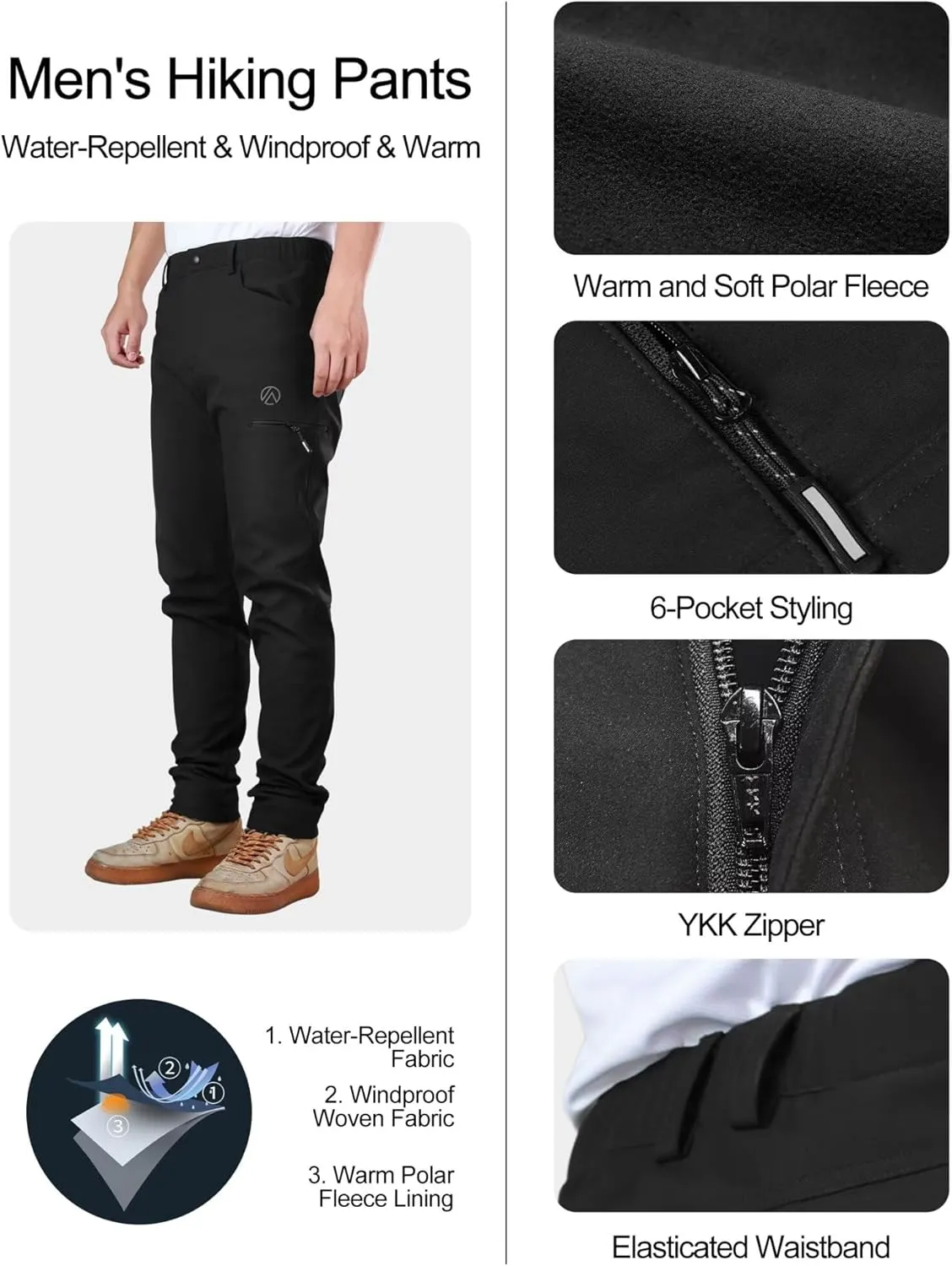 Men's Hiking Pants, Thermal Water Resistant Windproof Outdoor Cargo Pants, Lightweight Stretch Joggers with 4 Pockets