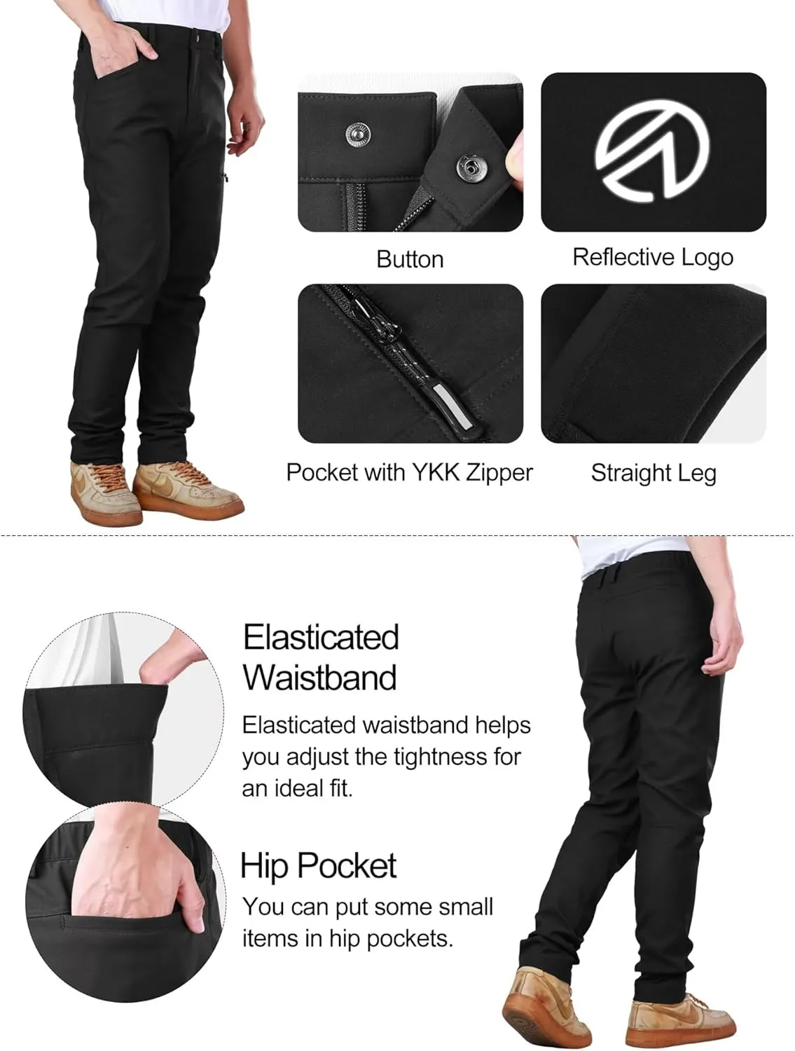 Men's Hiking Pants, Thermal Water Resistant Windproof Outdoor Cargo Pants, Lightweight Stretch Joggers with 4 Pockets