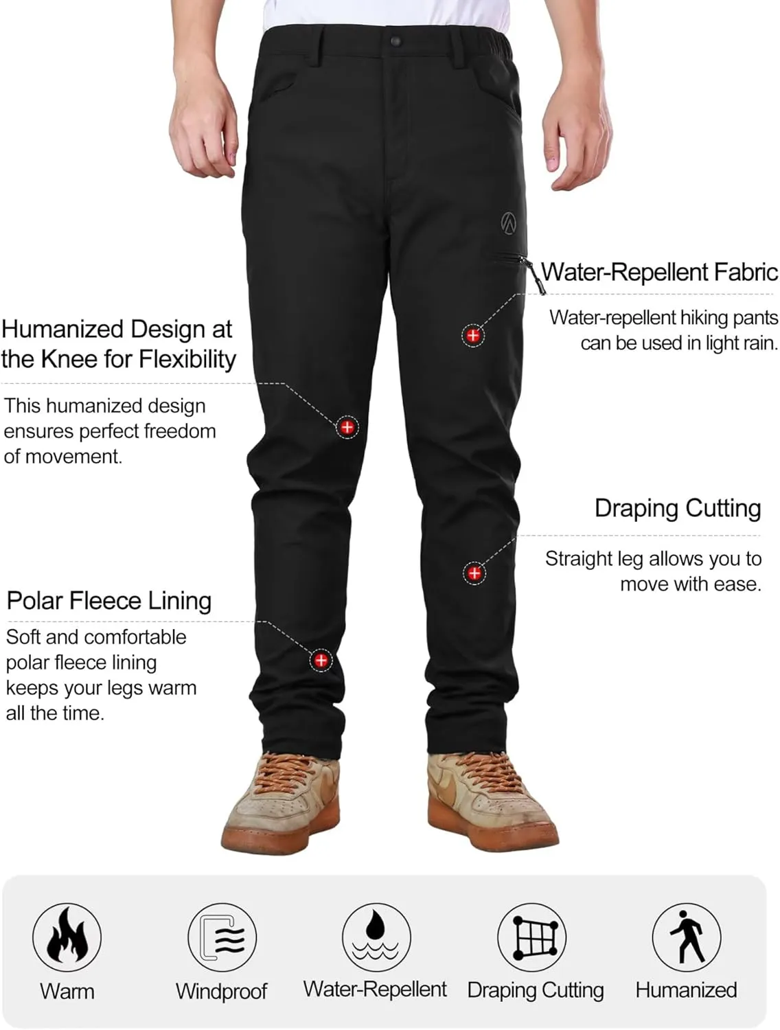 Men's Hiking Pants, Thermal Water Resistant Windproof Outdoor Cargo Pants, Lightweight Stretch Joggers with 4 Pockets