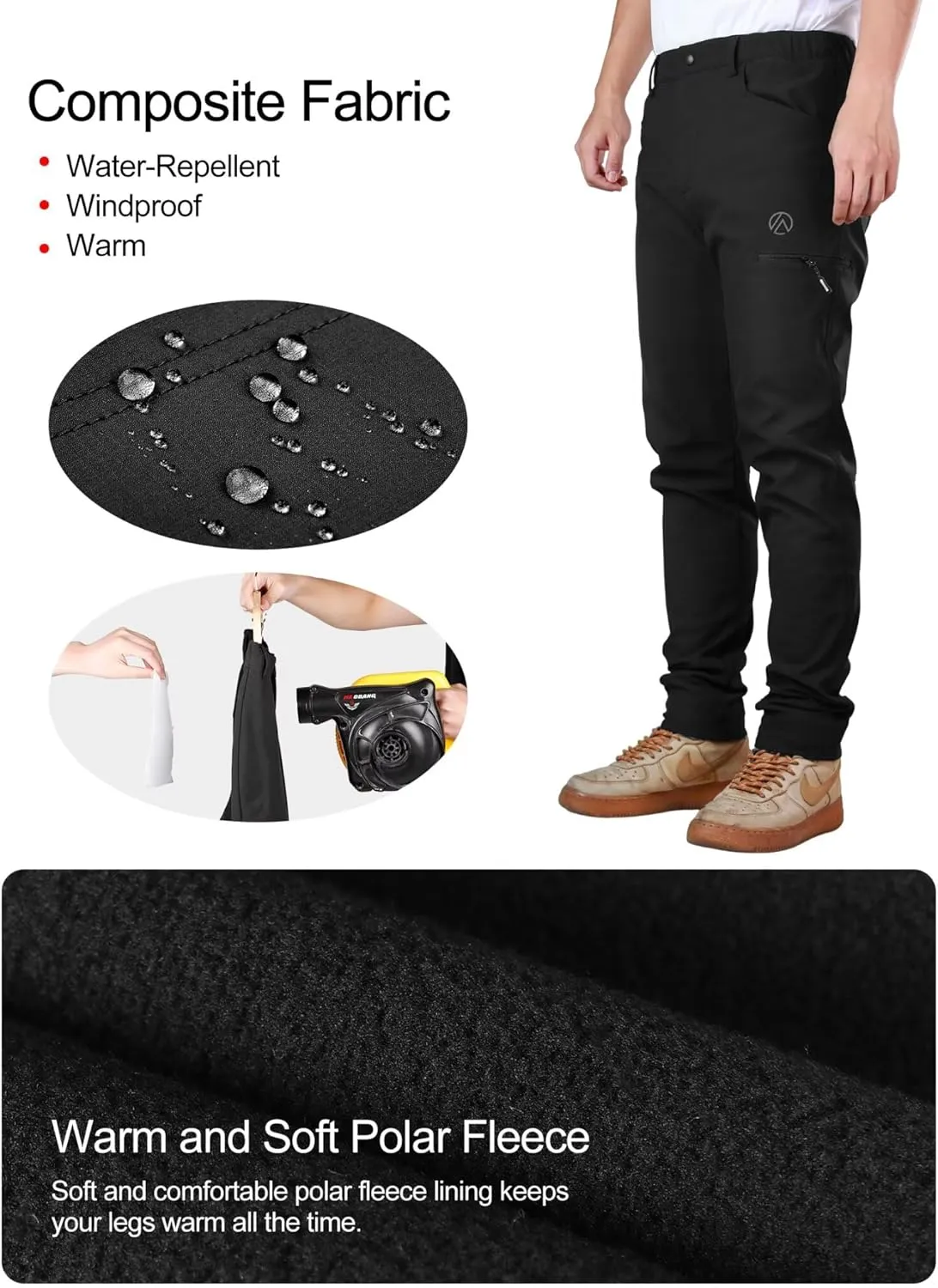 Men's Hiking Pants, Thermal Water Resistant Windproof Outdoor Cargo Pants, Lightweight Stretch Joggers with 4 Pockets
