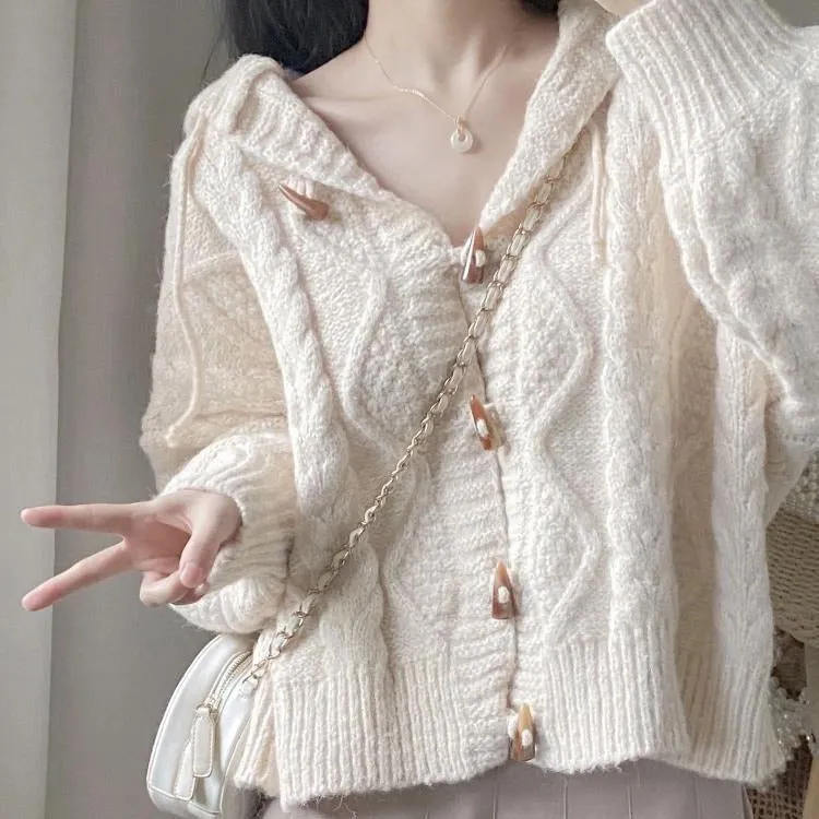 METAVERSMALL Spring and Autumn Horn Buckle Hooded Knitted Cardigan Sweater Jacket Women's Loose External Wear Gentle Wind Soft Waxy College Style