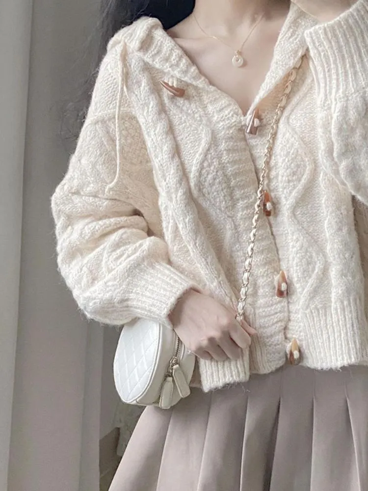 METAVERSMALL Spring and Autumn Horn Buckle Hooded Knitted Cardigan Sweater Jacket Women's Loose External Wear Gentle Wind Soft Waxy College Style