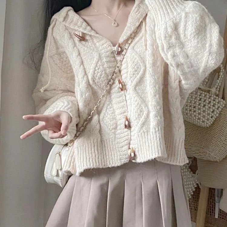 METAVERSMALL Spring and Autumn Horn Buckle Hooded Knitted Cardigan Sweater Jacket Women's Loose External Wear Gentle Wind Soft Waxy College Style