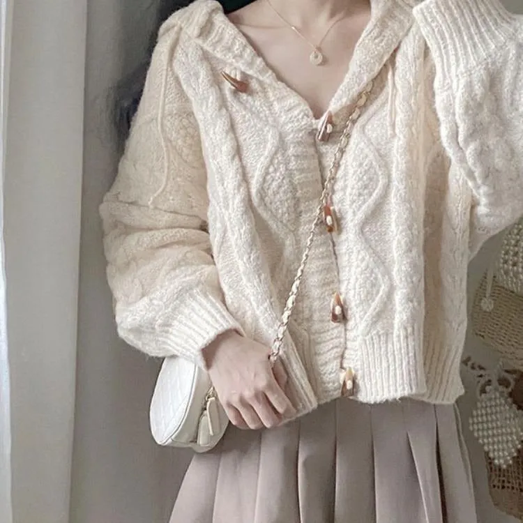 METAVERSMALL Spring and Autumn Horn Buckle Hooded Knitted Cardigan Sweater Jacket Women's Loose External Wear Gentle Wind Soft Waxy College Style