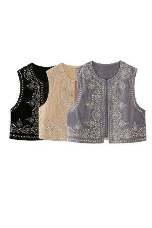 'Mia' Embroidered Velvet Vest Top