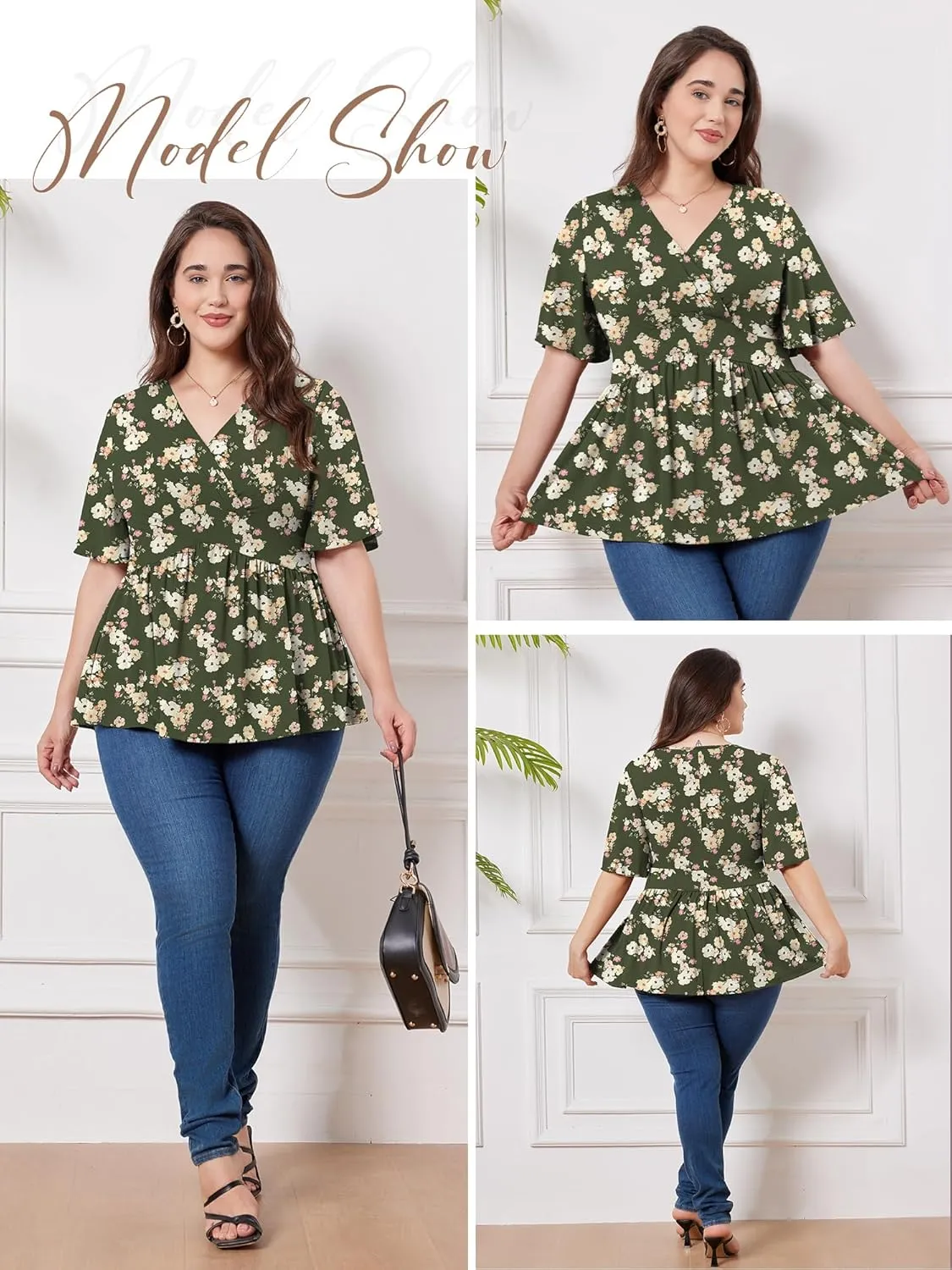 MK Shop Limited Plus Size Tops for Women Summer Dressy Curvy Tunic Short Sleeve Tops Loose Deep V Neck Low Cut Blouse
