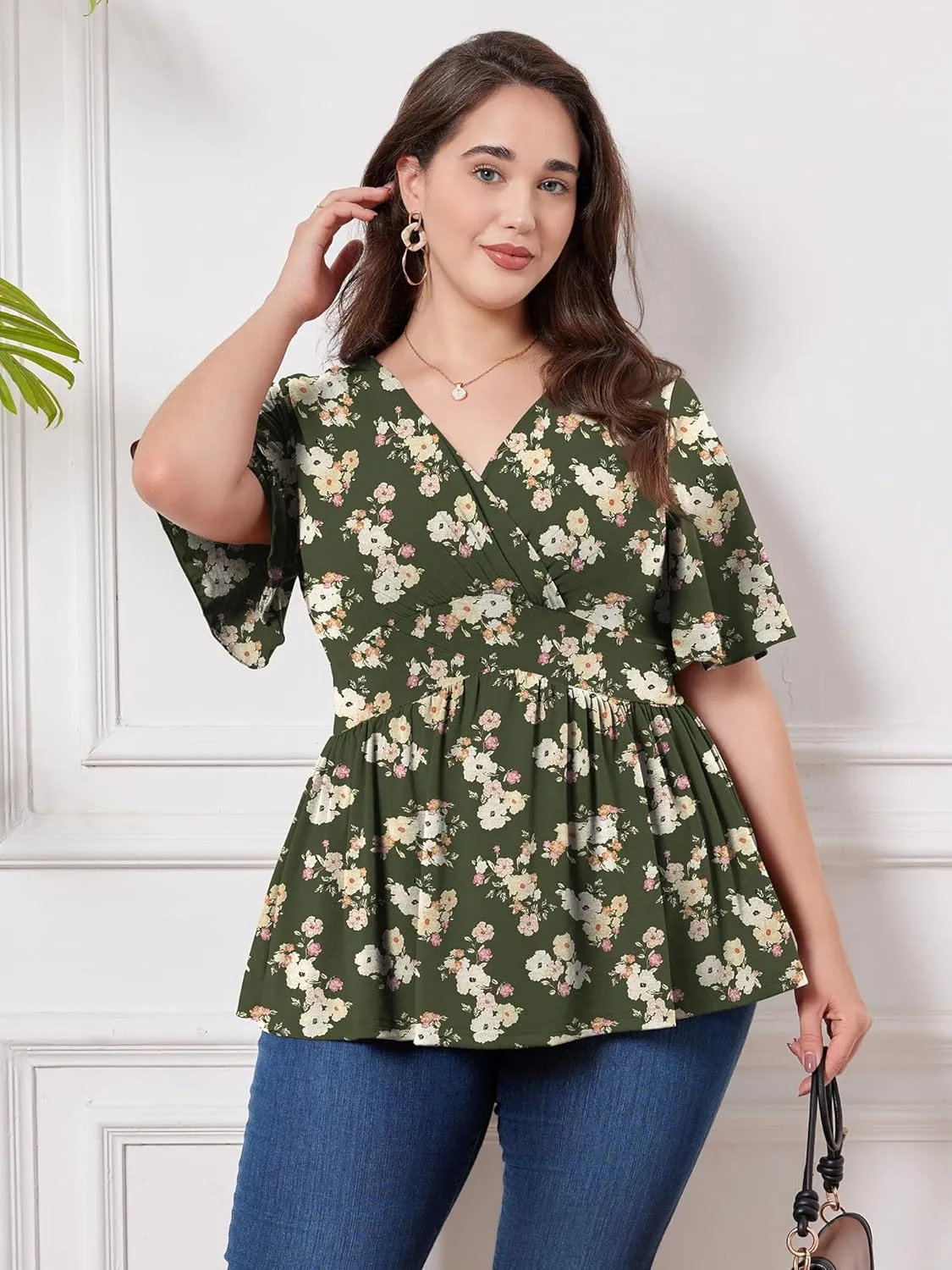 MK Shop Limited Plus Size Tops for Women Summer Dressy Curvy Tunic Short Sleeve Tops Loose Deep V Neck Low Cut Blouse