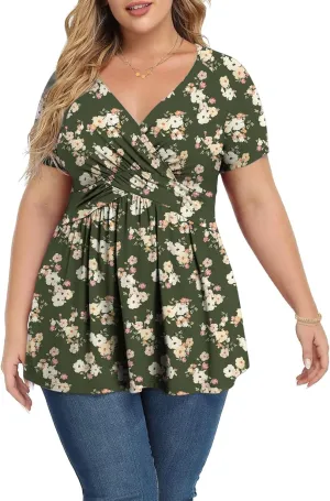 MK Shop Limited Plus Size Tops for Women Summer Dressy Curvy Tunic Short Sleeve Tops Loose Deep V Neck Low Cut Blouse