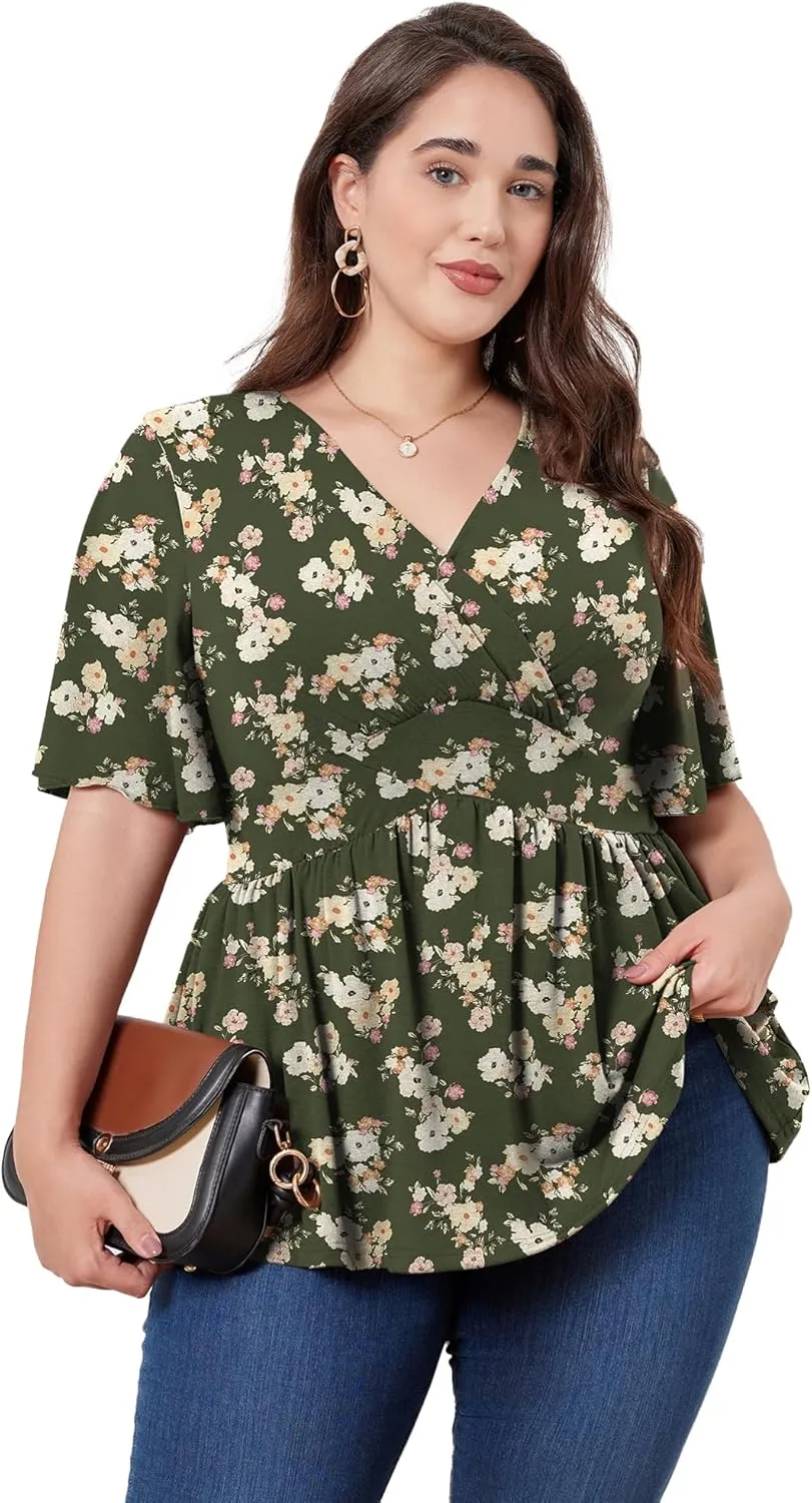 MK Shop Limited Plus Size Tops for Women Summer Dressy Curvy Tunic Short Sleeve Tops Loose Deep V Neck Low Cut Blouse