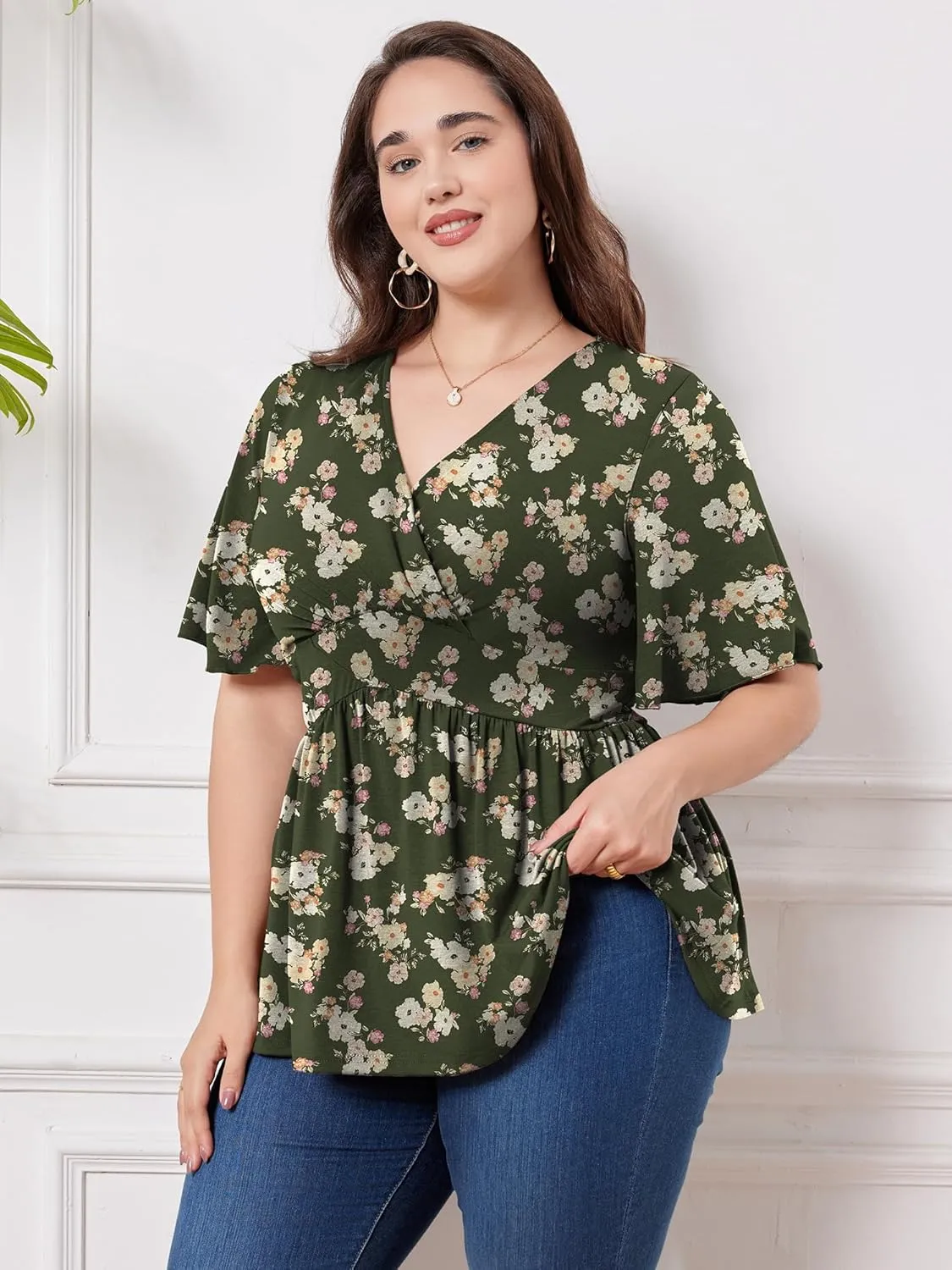 MK Shop Limited Plus Size Tops for Women Summer Dressy Curvy Tunic Short Sleeve Tops Loose Deep V Neck Low Cut Blouse