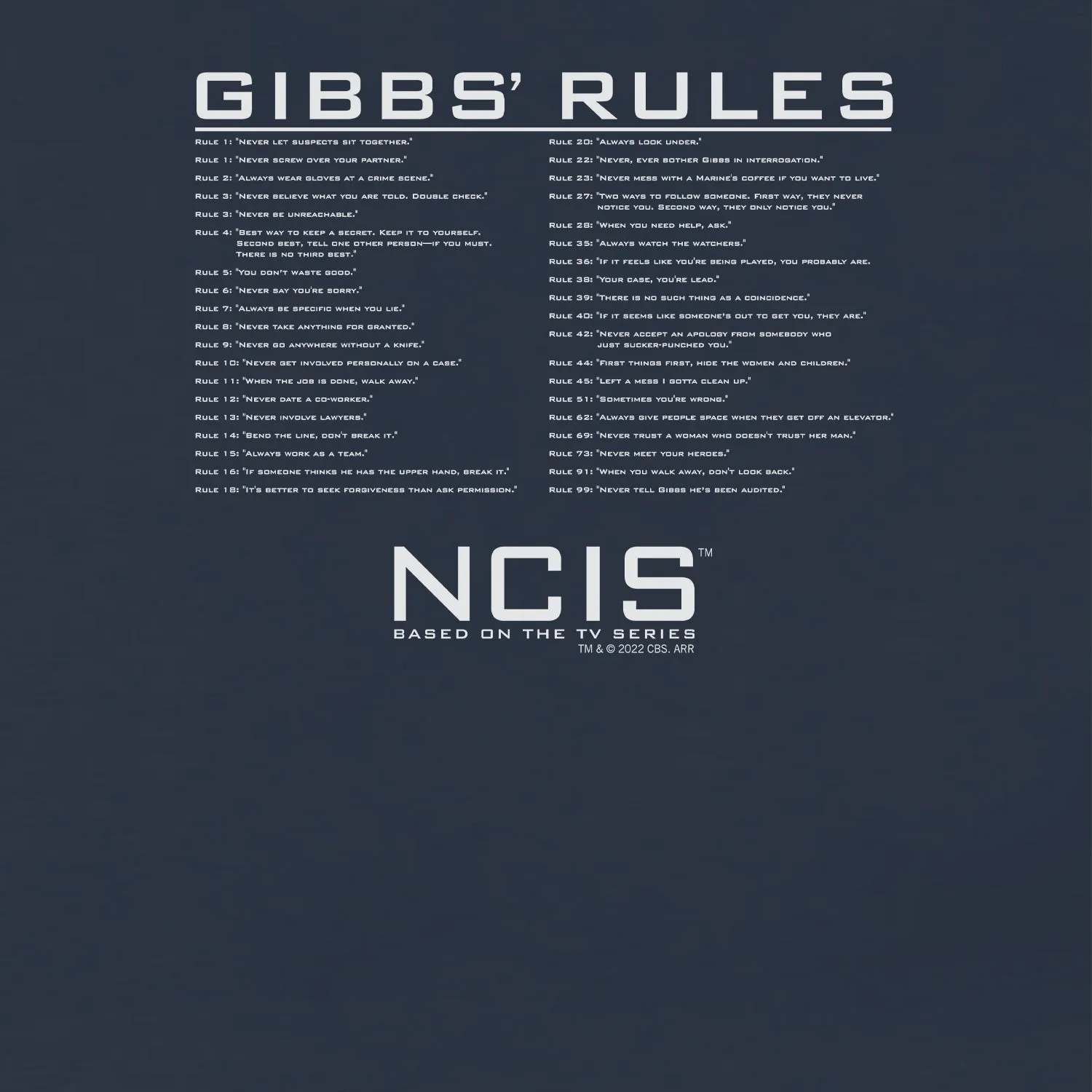 NCIS Gibbs Rules Adult Short Sleeve T-Shirt