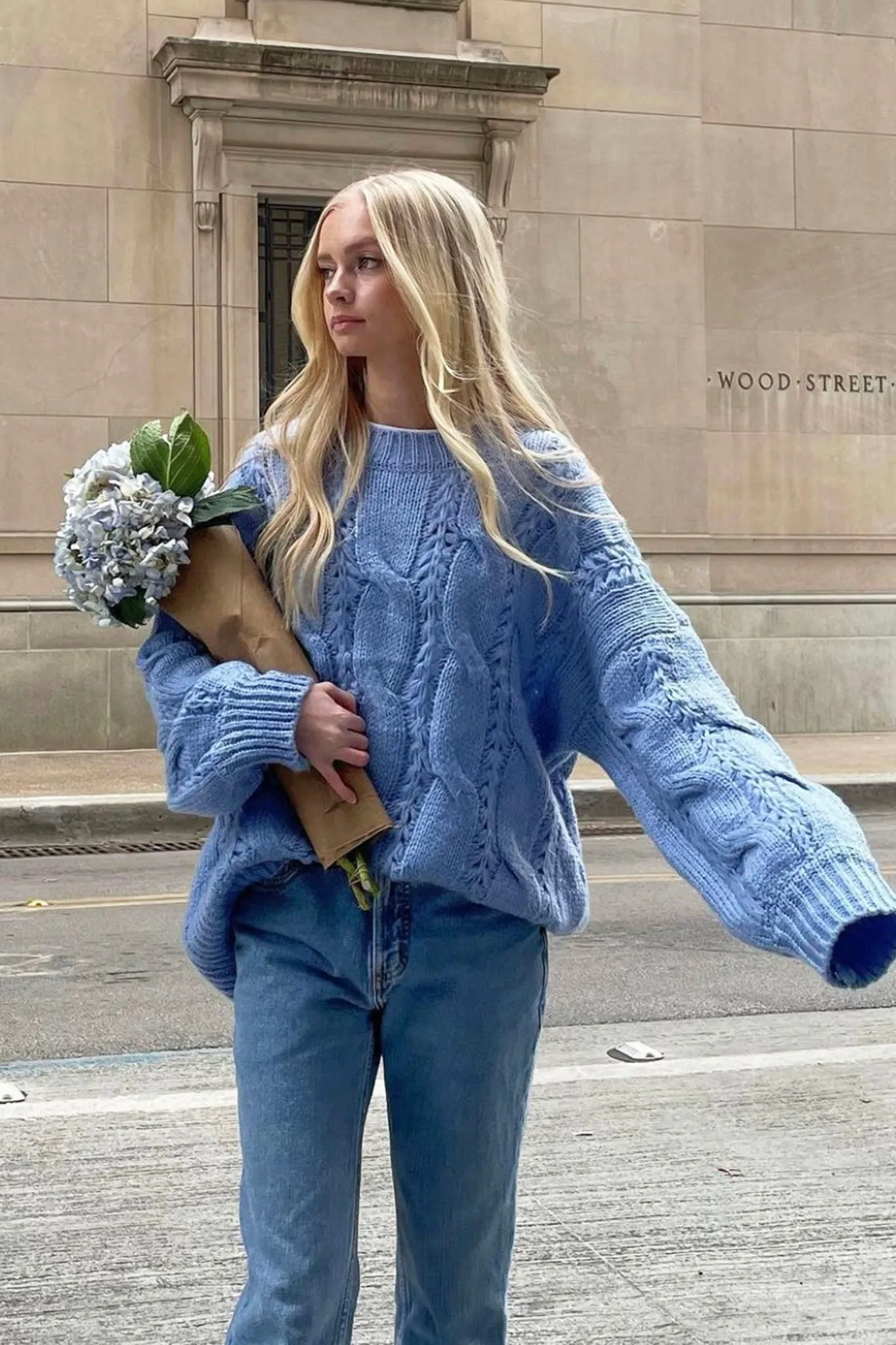 Nicola Long Sleeve Chunky Cable Knit Sweater Blue