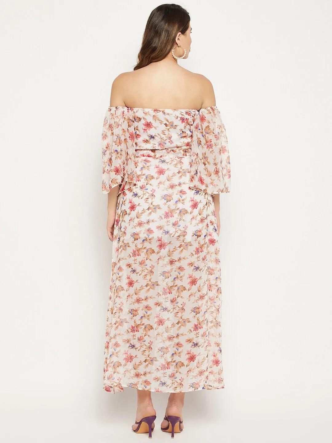 Off Shoulder Floral Printed Georgette Maxi Dress