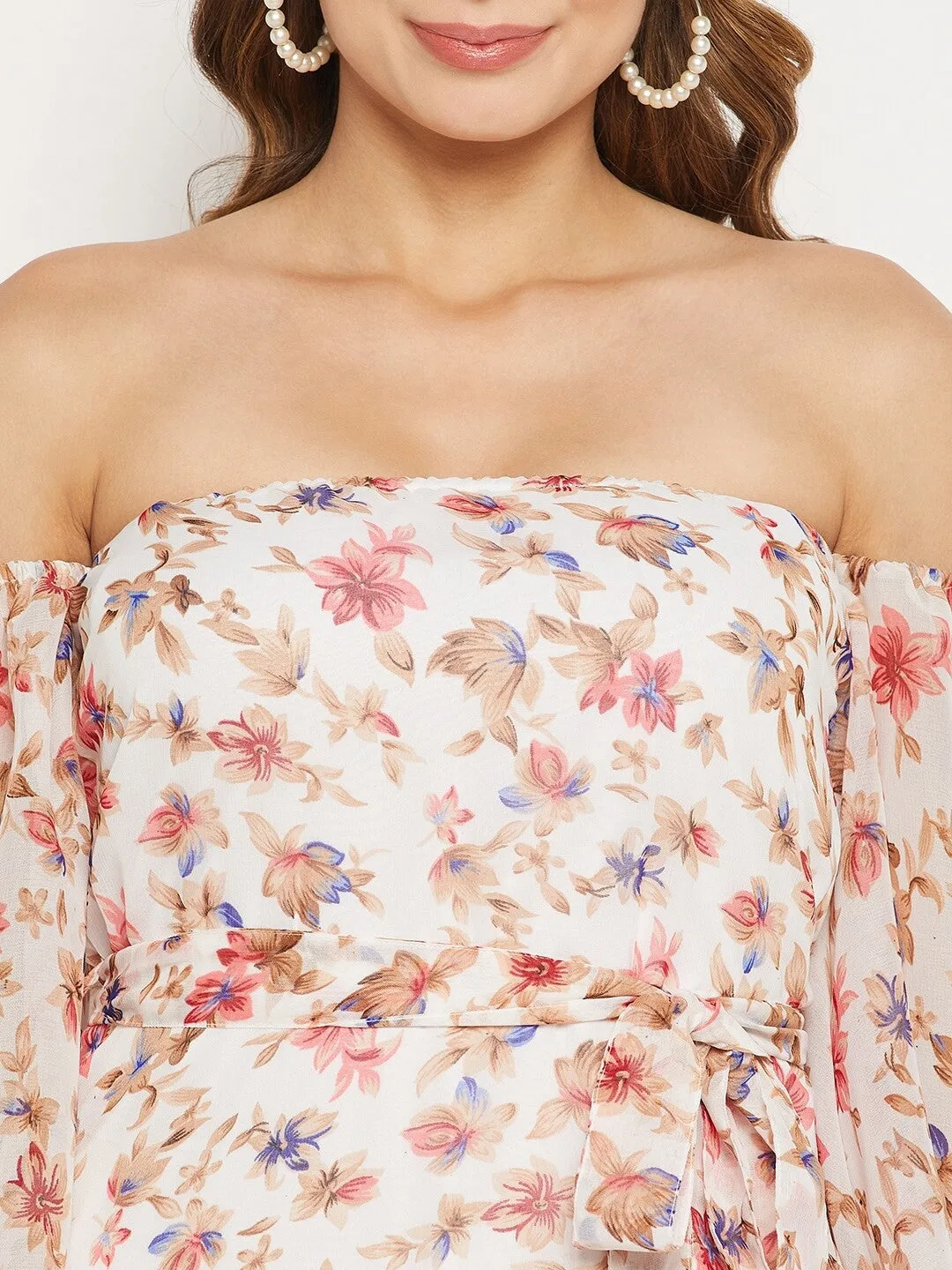 Off Shoulder Floral Printed Georgette Maxi Dress