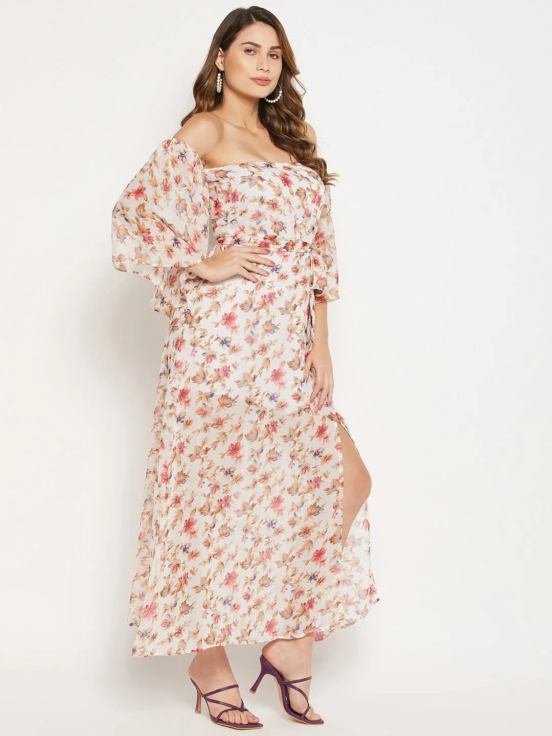Off Shoulder Floral Printed Georgette Maxi Dress
