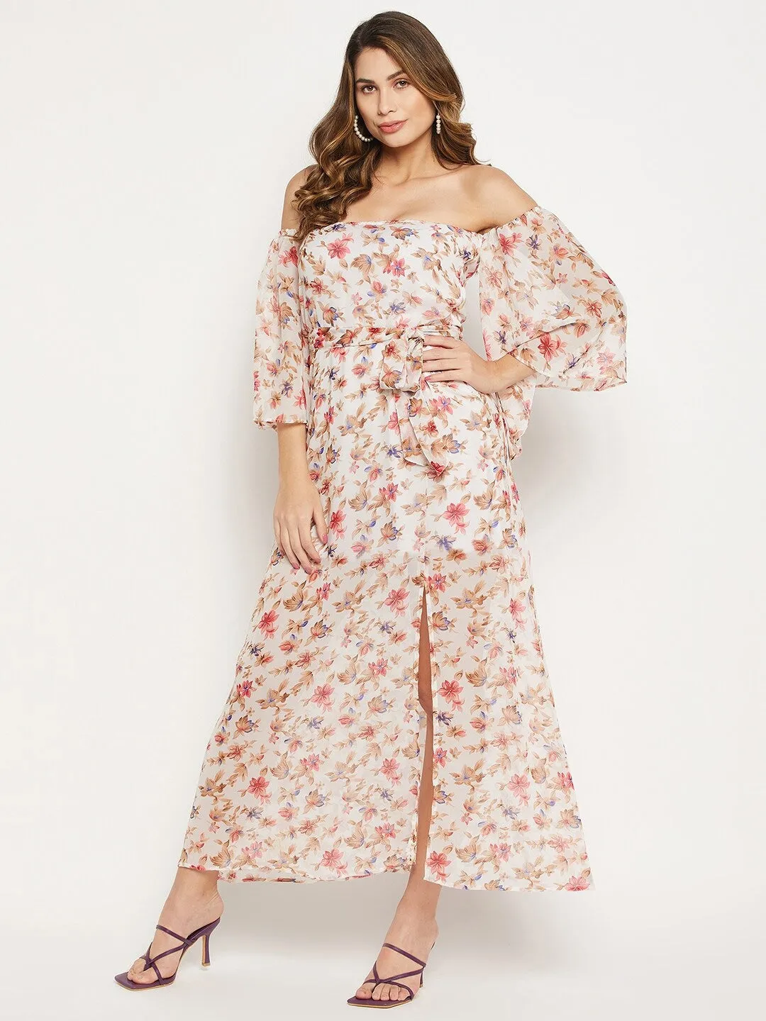 Off Shoulder Floral Printed Georgette Maxi Dress