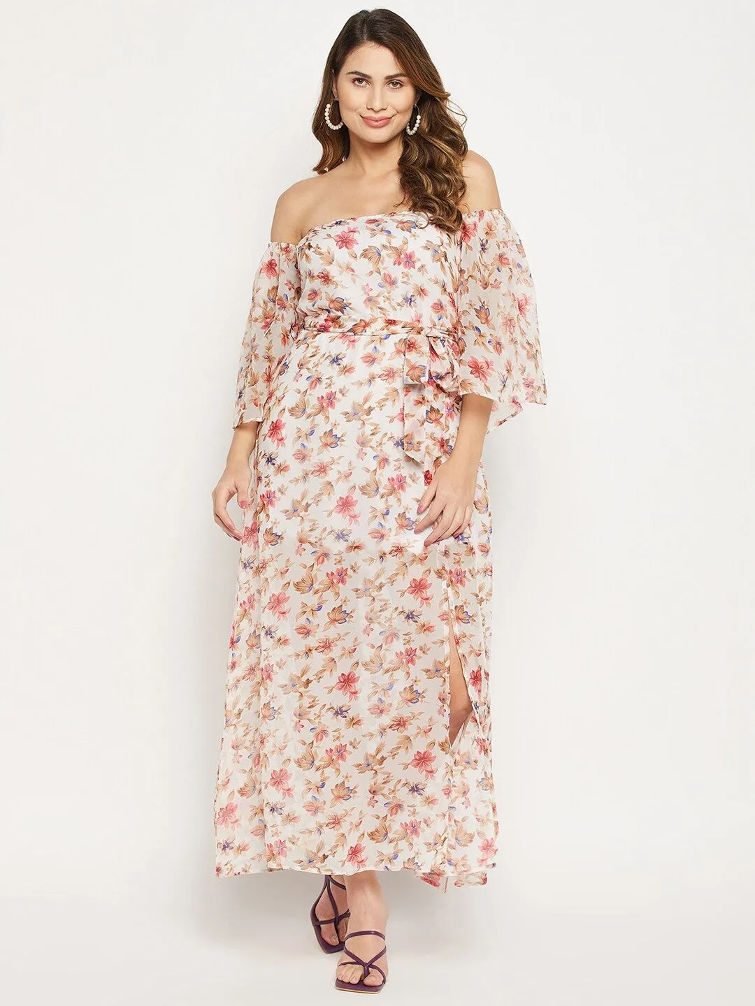 Off Shoulder Floral Printed Georgette Maxi Dress