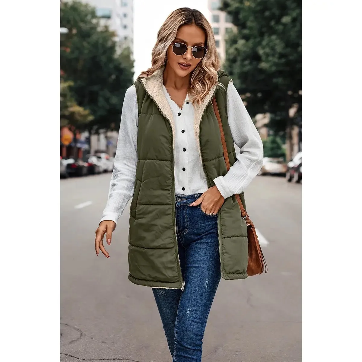 Olive Fur Lined Lightweight Vest