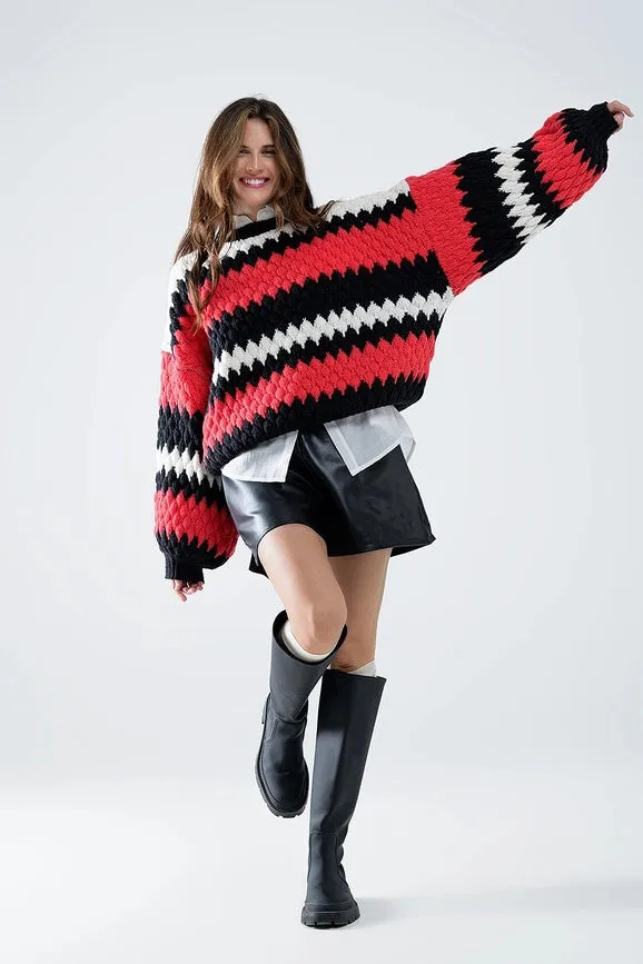 Oversized Red Zig Zag Striped Sweater
