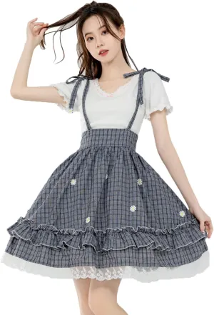 Packitcute Sweet Ruffled Hem Plaid Skirt for Teen Girls Cute Floral Summer Elastic Waist Casual A Line Swing Skirts