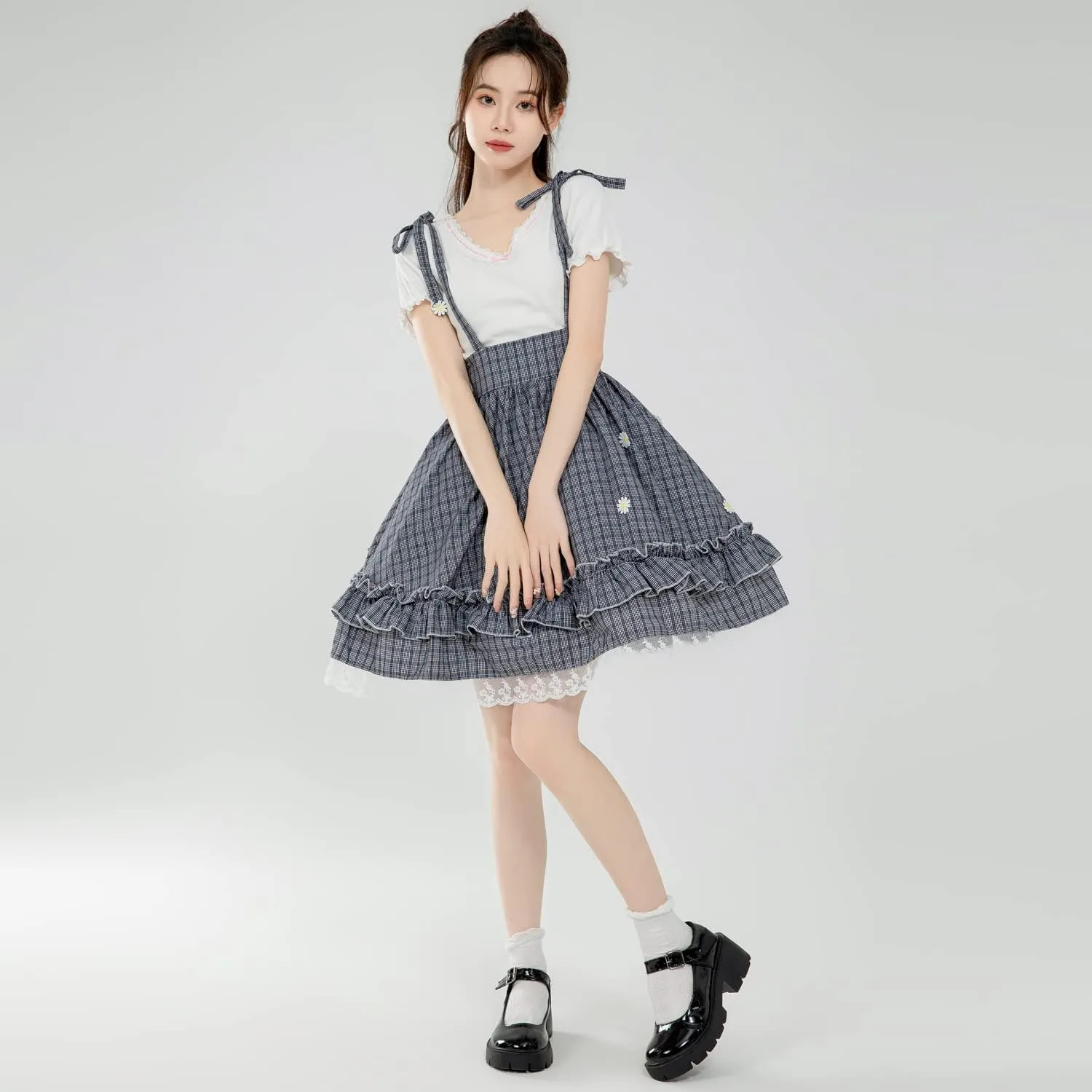 Packitcute Sweet Ruffled Hem Plaid Skirt for Teen Girls Cute Floral Summer Elastic Waist Casual A Line Swing Skirts