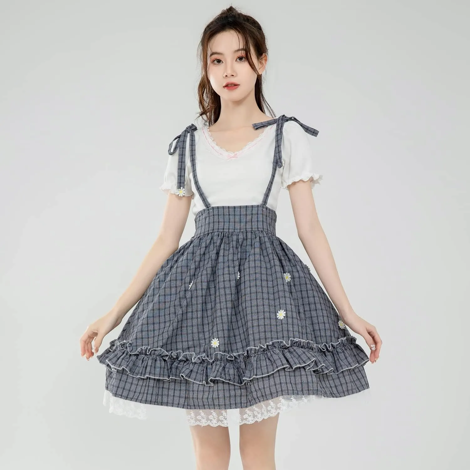 Packitcute Sweet Ruffled Hem Plaid Skirt for Teen Girls Cute Floral Summer Elastic Waist Casual A Line Swing Skirts
