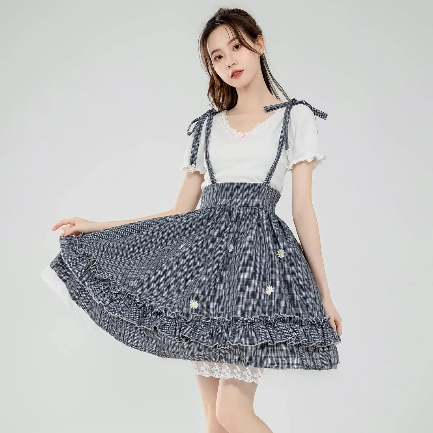 Packitcute Sweet Ruffled Hem Plaid Skirt for Teen Girls Cute Floral Summer Elastic Waist Casual A Line Swing Skirts