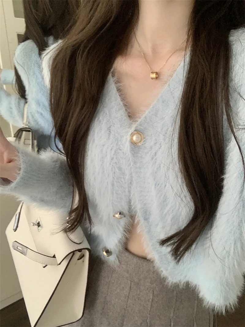 Pink Blue Black White Faux Mink Fur Velvet Camisole Cardigan Two Piece Set