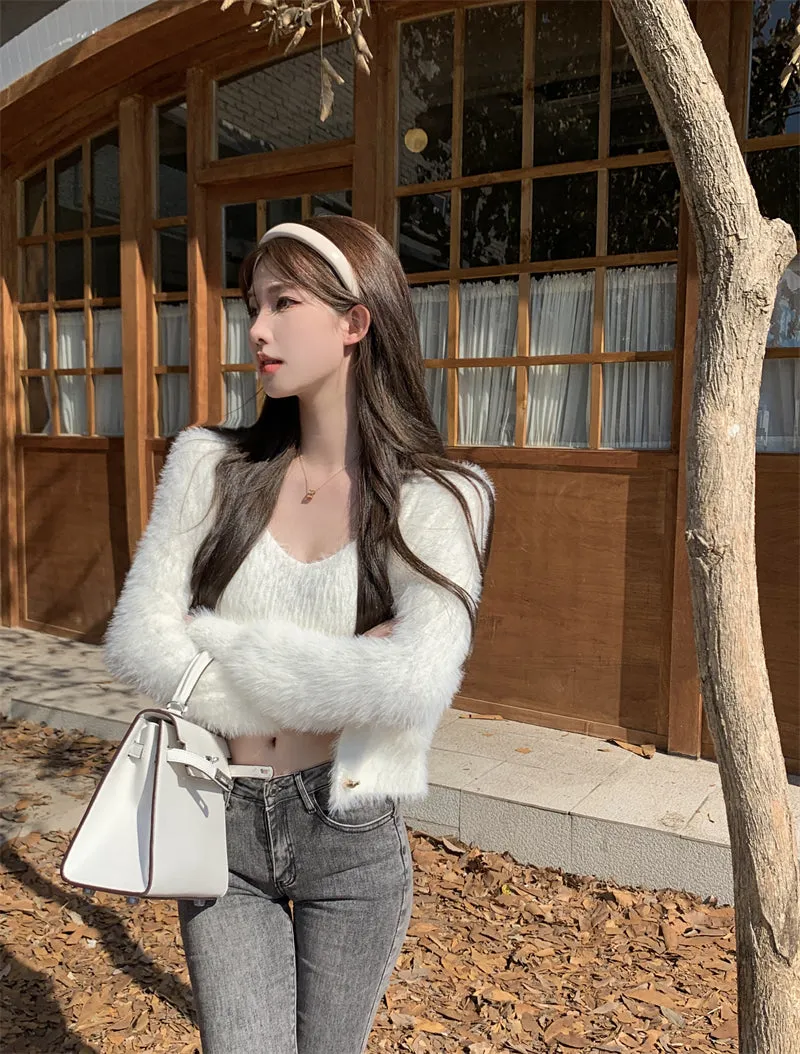 Pink Blue Black White Faux Mink Fur Velvet Camisole Cardigan Two Piece Set